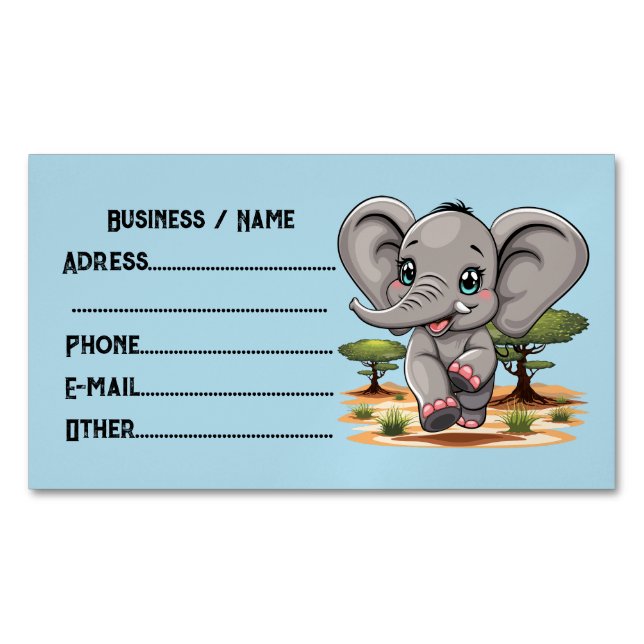 Elephant Baby Jumping Happy in African Savannah Magnetic Business Card (Front)