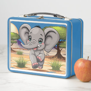 Elephant Baby Jumping Happy in African Savannah Metal Lunch Box