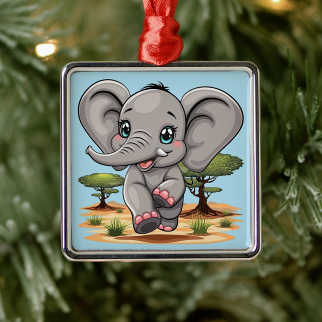 Elephant Baby Jumping Happy in African Savannah Metal Ornament (Tree)
