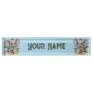 Elephant Baby Jumping Happy in African Savannah Nameplate
