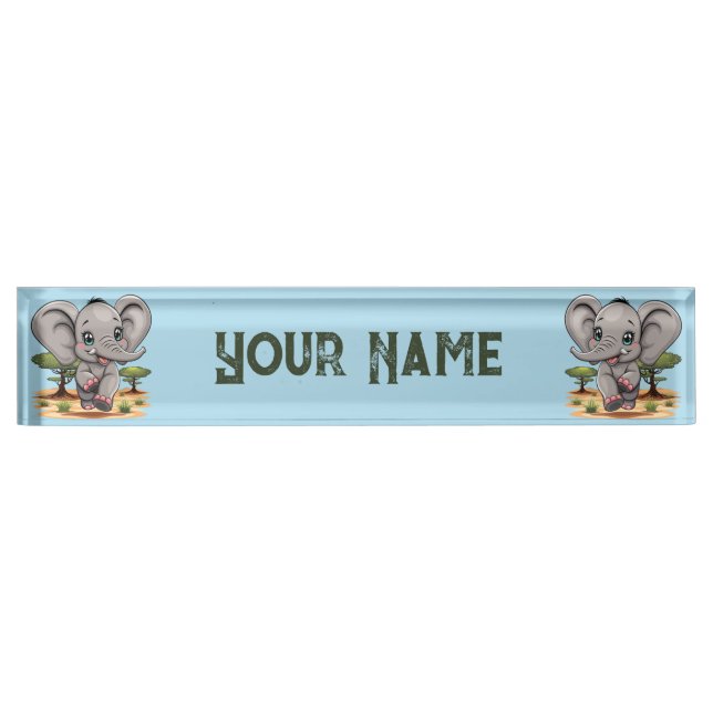 Elephant Baby Jumping Happy in African Savannah Nameplate (Front)