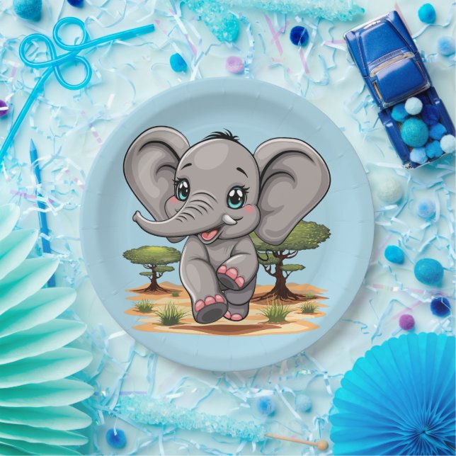 Elephant Baby Jumping Happy in African Savannah Paper Plate (Party)