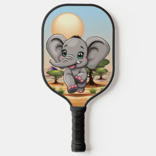Elephant Baby Jumping Happy in African Savannah Pickleball Paddle