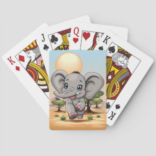 Elephant Baby Jumping Happy in African Savannah Playing Cards