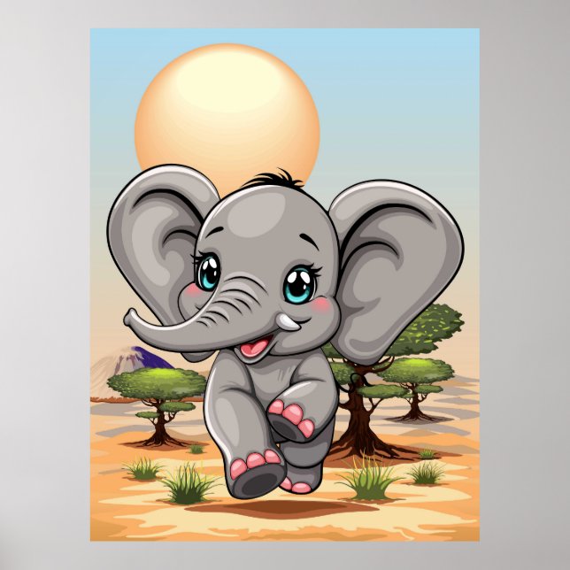 Elephant Baby Jumping Happy in African Savannah Poster (Front)