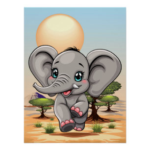 Elephant Baby Jumping Happy in African Savannah Poster