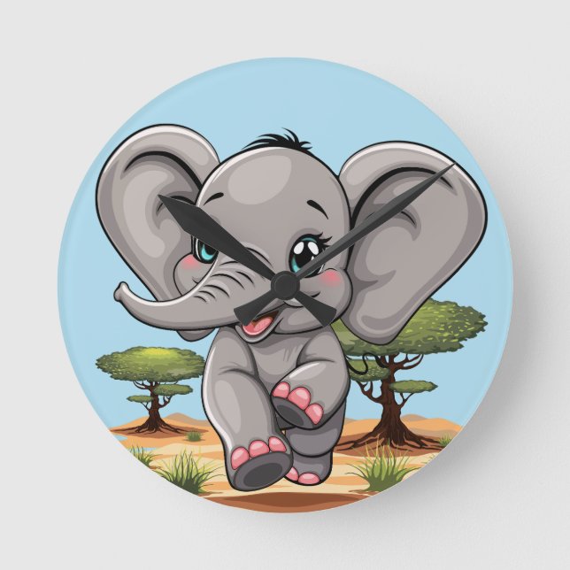 Elephant Baby Jumping Happy in African Savannah Round Clock (Front)