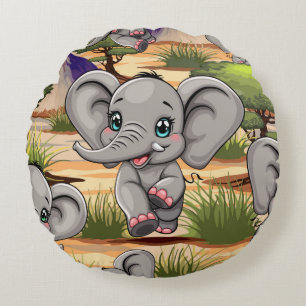 Elephant Baby Jumping Happy in African Savannah Round Cushion