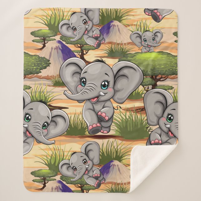 Elephant Baby Jumping Happy in African Savannah Sherpa Blanket (Front)