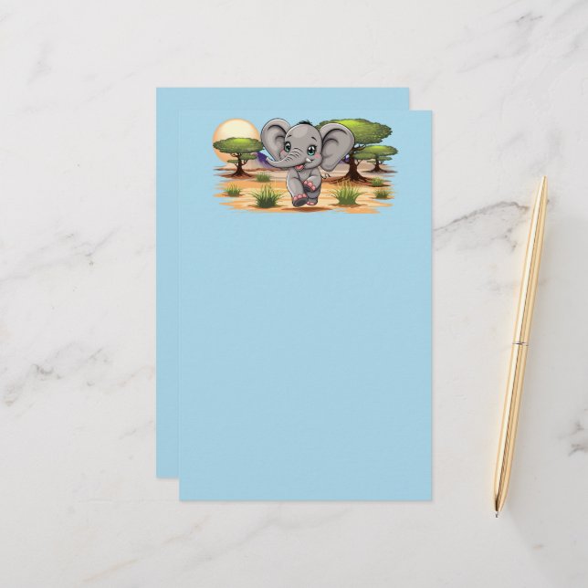 Elephant Baby Jumping Happy in African Savannah Stationery (Front/Back In Situ)