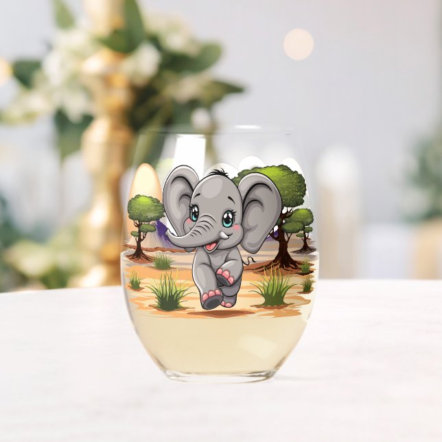 Elephant Baby Jumping Happy in African Savannah Stemless Wine Glass (Insitu (Wedding))
