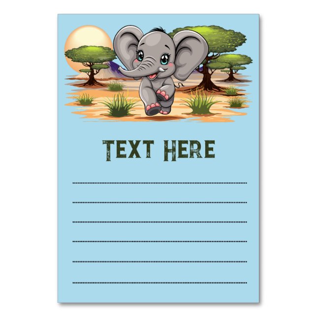 Elephant Baby Jumping Happy in African Savannah Table Number (Front)