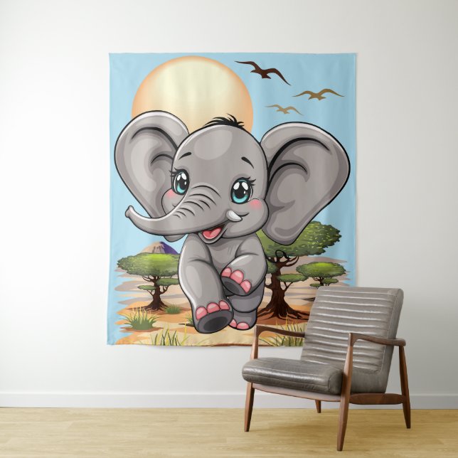 Elephant Baby Jumping Happy in African Savannah Tapestry (In Situ)