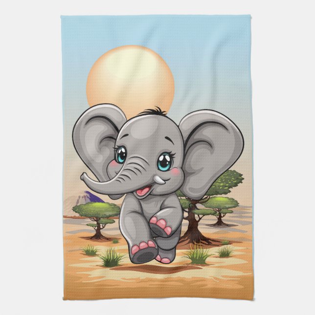 Elephant Baby Jumping Happy in African Savannah Tea Towel (Vertical)