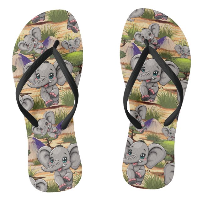 Elephant Baby Jumping Happy in African Savannah Thongs (Footbed)