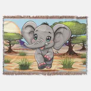 Elephant Baby Jumping Happy in African Savannah Throw Blanket