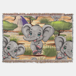Elephant Baby Jumping Happy in African Savannah Throw Blanket