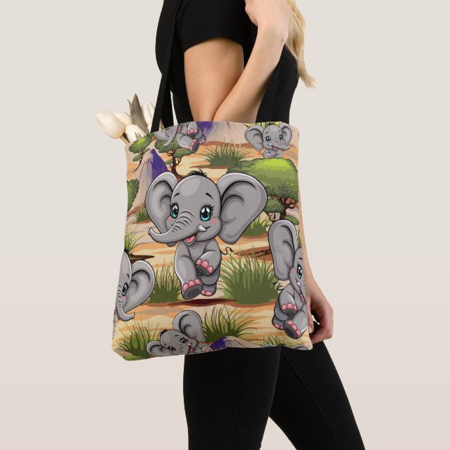 Elephant Baby Jumping Happy in African Savannah Tote Bag (Close Up)