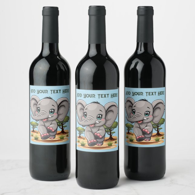 Elephant Baby Jumping Happy in African Savannah Wine Label (Bottles)
