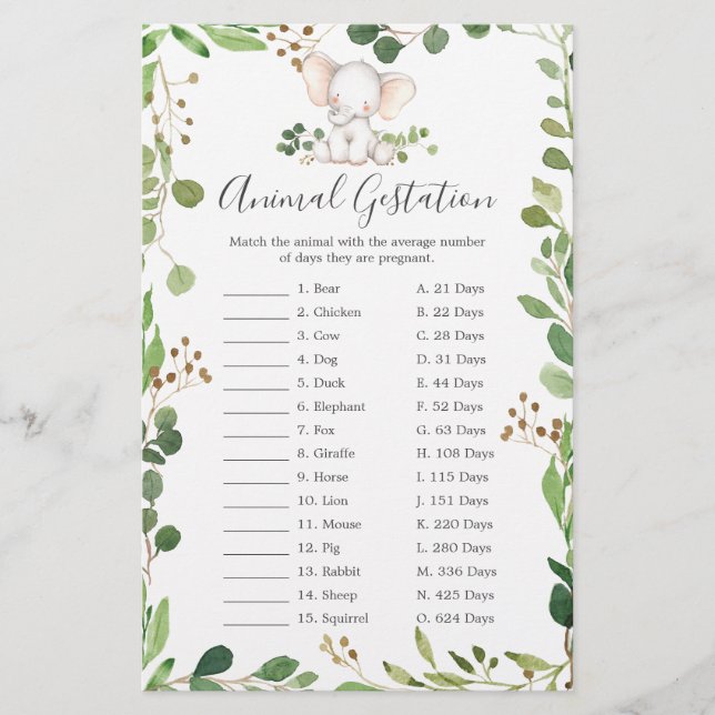 Elephant Baby Shower Animal Gestation Game (Front)