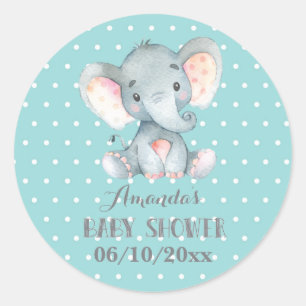 Elephant Baby Shower Aqua and Grey Classic Round Sticker