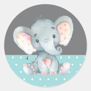 Elephant Baby Shower Aqua and Grey Classic Round Sticker