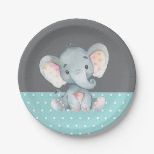 Elephant Baby Shower Aqua Teal Turquoise and Gray Paper Plate