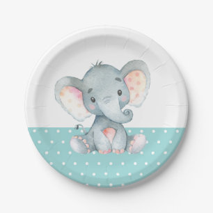 Elephant Baby Shower Aqua Teal Turquoise Paper Plate