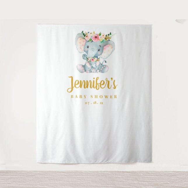 Elephant Baby Shower Backdrop, Photo Booth Prop Tapestry (Front)