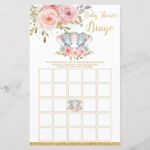 Elephant Baby Shower Bingo Game Activity Twin Girl