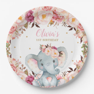 Elephant Baby Shower Birthday Blush Floral 9"  Paper Plate