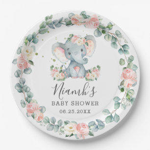 Elephant Baby Shower Birthday Floral Greenery Girl Paper Plate