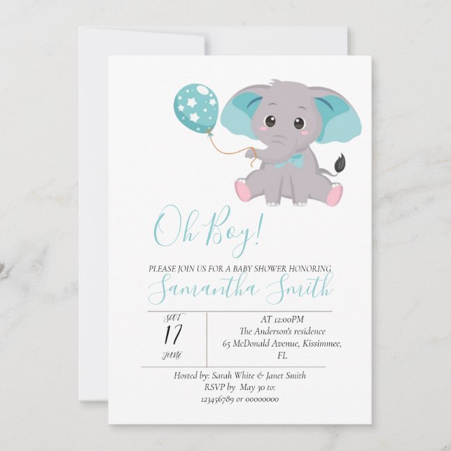 elephant baby shower Blue Balloon Invitation (Front)