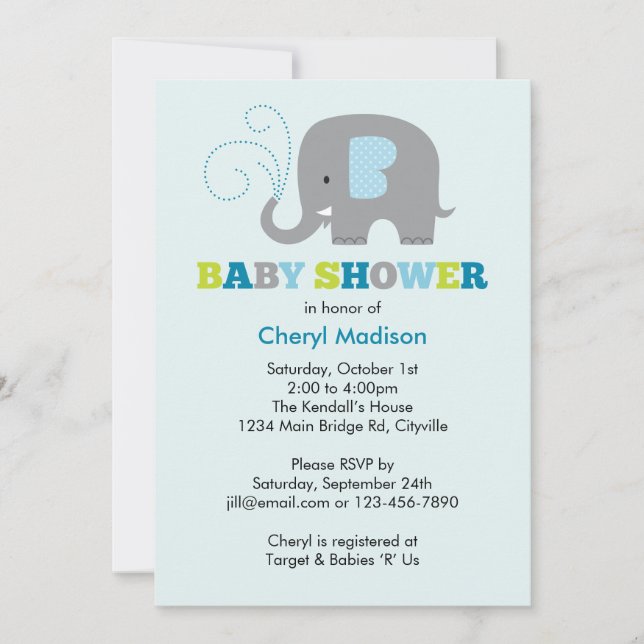 Elephant Baby Shower - Blue Invitation (Front)