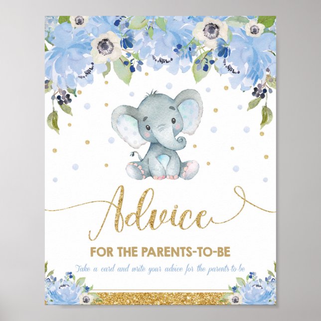 Elephant Baby Shower Boy Advice for Parents to Be Poster (Front)