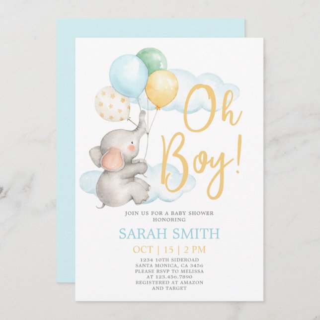 Elephant Baby Shower boy Invitation (Front/Back)