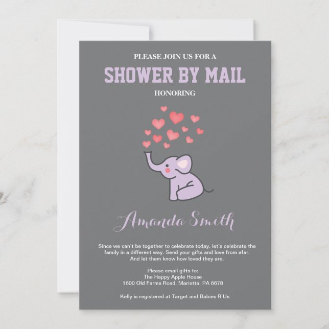 Elephant Baby Shower by Mail Purple and Grey Invitation (Front)