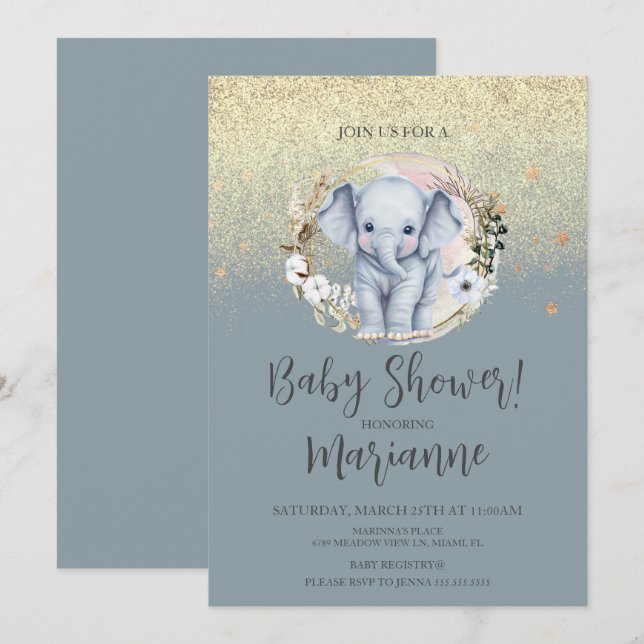 Elephant Baby Shower Faux Gold Glitter Dusty Blue Invitation (Front/Back)