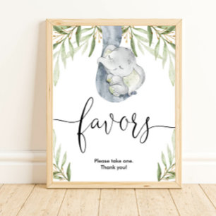 Elephant baby shower favors sign greenery gold