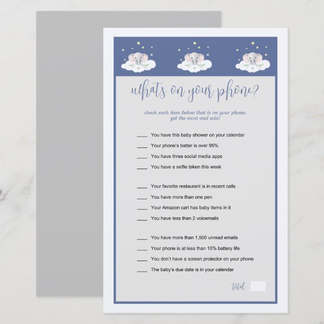 Elephant Baby Shower Game What's on Your Phone (Front/Back)