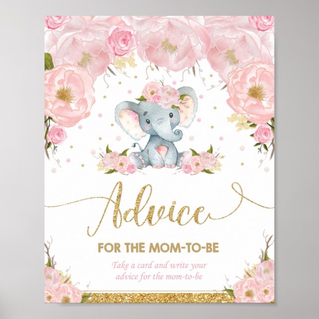 Elephant Baby Shower Girl Advice for Mum to Be Poster (Front)