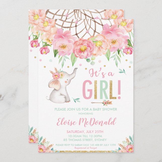 Elephant Baby Shower Girl Boho Pink Mint Floral Invitation (Front/Back)