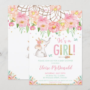 Elephant Baby Shower Girl Boho Pink Mint Floral Invitation