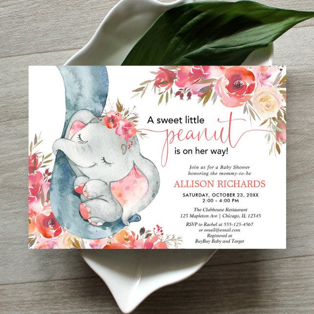 Elephant baby shower girl coral floral watercolos invitation (Creator Uploaded)