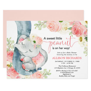 Elephant baby shower girl floral pink cream invitation