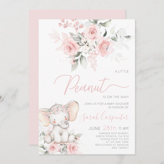 Elephant Baby Shower Girl Invitation (Front/Back)