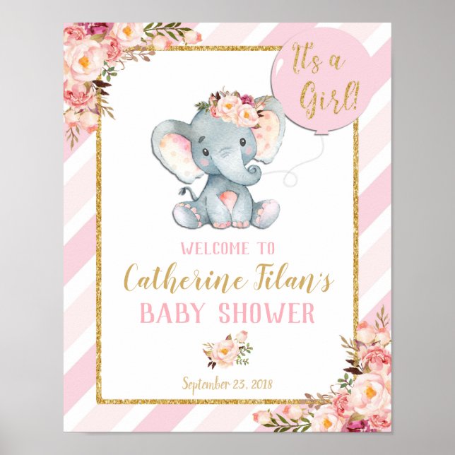 Elephant Baby Shower Girl Pink Welcome Poster Sign (Front)