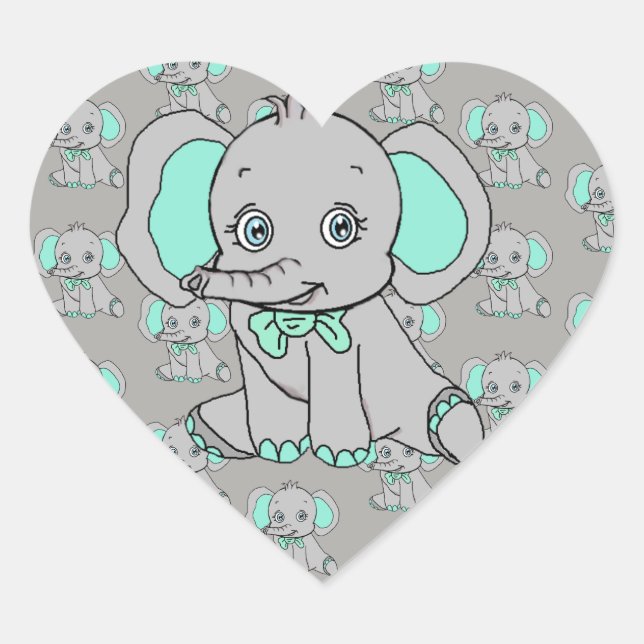 Elephant Baby Shower Grey and Teal Heart Sticker (Front)
