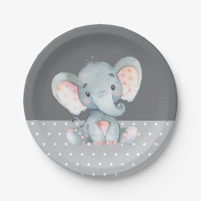 Elephant Baby Shower Grey Paper Plate (Front)