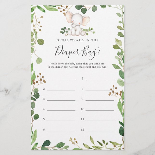 Elephant Baby Shower Guess What's in Diaper Bag (Front)